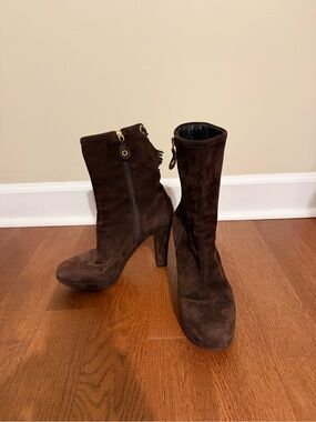 CAR SHOE by Prada Dark Brown Suede Tassel Heel Ankle Boots Size 37 US 7 Italy